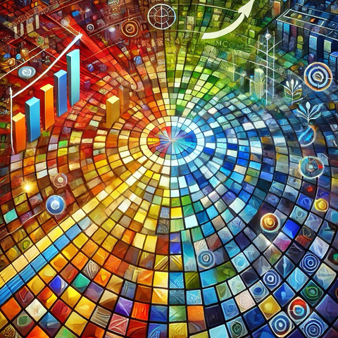 A vibrant, colorful mosaic of tiles arranged in a spiral pattern, symbolizing the expansion of opportunity and growth. The image includes visual elements like graphs, arrows, and plant symbols, representing progress, economic growth, and innovation. The radiant colors and patterns reflect a dynamic system where value is created, showing how investments in growth lead to prosperity and the spreading of wealth across different sectors.