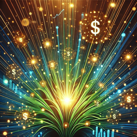 A dynamic and colorful image showing a radiant, plant-like formation of light streams, symbolizing the growth of wealth. Dollar signs are scattered across the beams, representing the flow of money and investment. The glowing strands emanate from a central point, radiating outward, symbolizing the growth and expansion of wealth through investment. The image conveys the idea of wealth creation and economic prosperity, fueled by strategic investment.