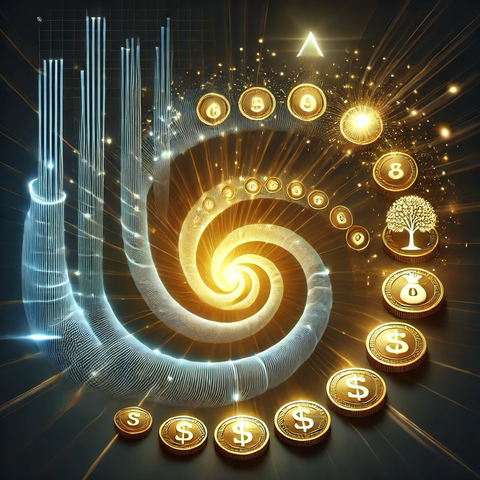 A visually striking image symbolizing the cycle of financial growth and prosperity. The image features a golden spiral of coins with dollar signs, signifying the continuous growth of wealth. Light trails and glowing particles swirl around the coins, leading towards symbols of growth like a tree and a large coin purse. The image represents the concept of investment-driven wealth accumulation and how the flow of capital can multiply, emphasizing growth, sustainability, and prosperity.