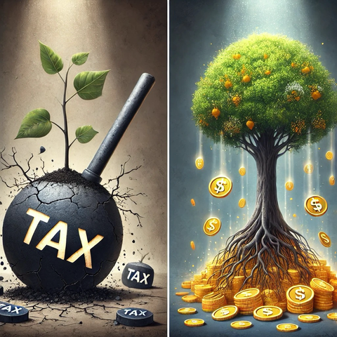 The image contrasts two different economic models. On the left, a plant grows from the earth with a heavy tax bomb weighing it down, symbolizing how taxation stifles growth. On the right, a vibrant tree, with golden coins falling from its branches, represents investment-driven prosperity and how wealth can grow and multiply when nurtured by investments instead of being weighed down by taxes. The visual starkly contrasts the destructive effects of excessive taxation versus the nurturing potential of investment.