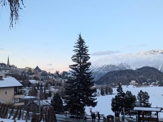 Vue sur le village de St Moritz avec un grand sapin au milieu de la photo