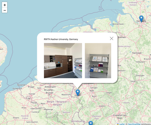 A map with a pop-up of the location "RWTH Aachen University, Germany" and images of Save The AI posters displayed near water fountains.