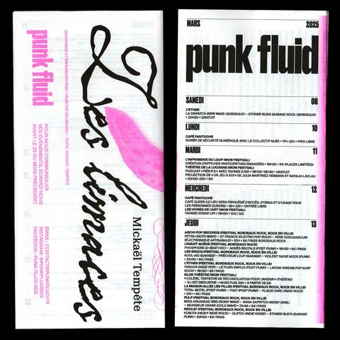 Page intérieure de l'agenda papier Punk Fluid, événements musicaux bordelais. Graphisme : Faustine Delbourg - Texte : Mickaël Tempête