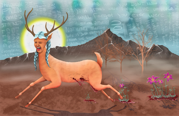 A deer with a woman’s head running and bleeding, the blood is sprouting flowers as it hits the ground and the sky is covered in scribbles. 