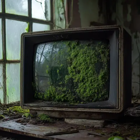 A tv full of moss in an abandon house