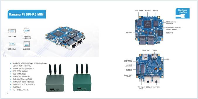 #BananaPi BPI-R3 Mini #Router board with #MediaTek #MT7986A(#Filogic 830) ,2G DDR RAM ,8G eMMC ,It is a very high performance open source router development board,support #WiFi6 2.4G/5G with MT7976C, support 2x 2.5GbE ethernet. #OpenWrt and #5G support
https://docs.banana-pi.org/en/BPI-R3_Mini/BananaPi_BPI-R3_Mini