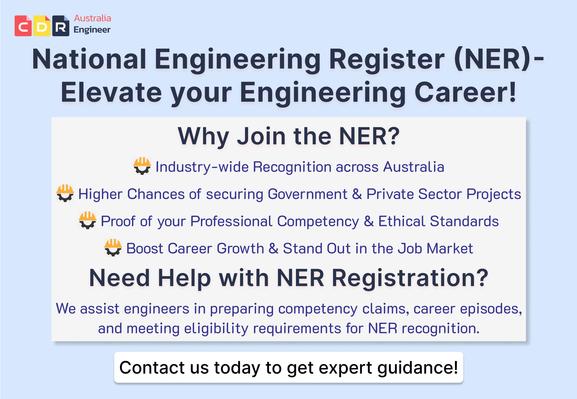 National Engineering Register (NER) promotion highlighting benefits like industry-wide recognition, better job opportunities, proof of competency, and career growth in Australia. Expert assistance available for NER registration.