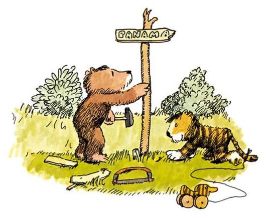 Zeichnung aus ‹Oh, wie schön ist Panama›: Bär und Tiger setzen einen Wegweiser nach Panama ein; im Hintergrund zwei Büsche; im Vordergrund zwei Bretter, eine Säge und die Tigerente. 