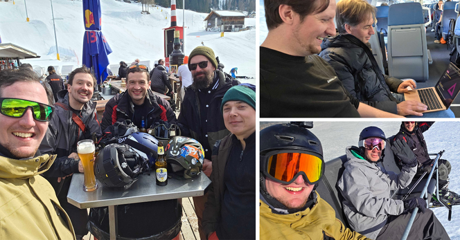 Conference attendees on a ski slope, at a table having a beer, and on a train on their way to Davos.
