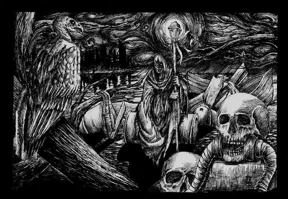 A lone person sitting, holding what it seems to be a staff with a lamp light on top, on the right emphasizing a vulture and right scene has skulls