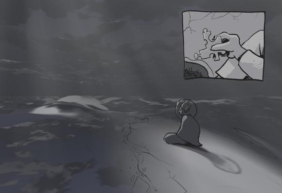 An abstract space fragmented in noisy patterns, like clouds flattened  to paper sheets, expanding towards the distant fog. Columns of light falling through the levels of this space. A simple character is sitting in one of these paper like edges. A vignette on the top right shows a detail of the character, that holds a complicated puzzle piece in their hand. Behind, the leg of the character, a bag with more puzzle pieces, and the brittle ground of this world are suggested.