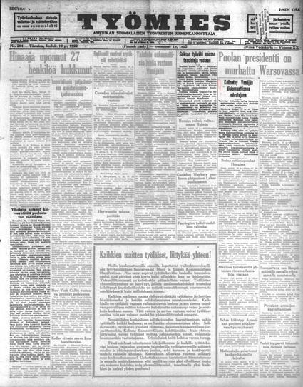 Työmies (Amerikan suomalaisen työväestön äänenkannattaja) 19.12.1922.

