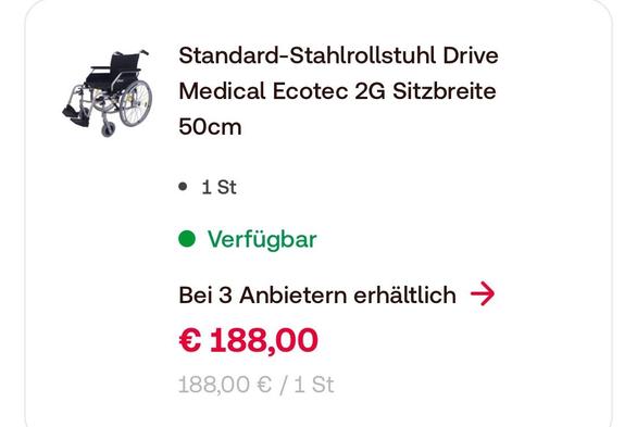 Ein Bild eines Standard-Stahlrollstuhls mit einer Sitzbreite von 50 cm, gekennzeichnet als "Standard-Stahlrollstuhl Drive Medical Ecotec 2G". Der Preis beträgt 188,00 € und zeigt an, dass eine Einheit von drei verfügbar ist.