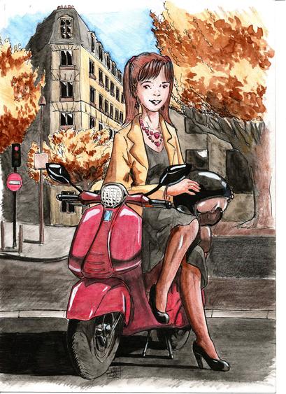 Célestine la Fée, personnage de roman, une femme sur son scooter garée dans la rue avec un grand immeuble parisien en arrière-plan et des arbres aux feuilles jaunies par l'automne.