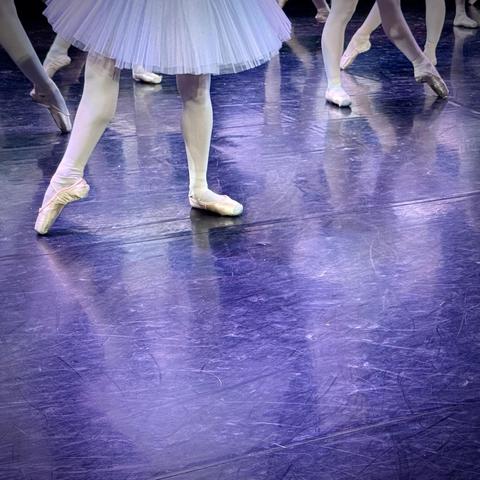 A group of ballet dancers in white tutus is shown, focusing on their legs and feet in ballet slippers. The floor reflects their movements, creating a shimmering effect under soft lighting.
