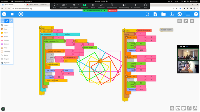 Colorful squares with visual code; at right you can see the presenters Devin Ulibarri and Reimagine Africa.