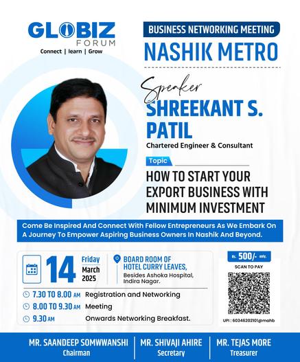 CE Shreekant Patil is founder at PARENTNashik, (100 % Export to Europe). He is Committee chairman at NIMA Startup Hub, Maharashtra Chamber of Commerce, Vice President at IBSEA, GFID & MSMECCII, Advisor at United Marathi International Chamber,  GIBF, Founder member at FOEII University, Delhi, Chartered Engineer with DGFT, Valuer, with 30 years of industrial experience now Sr. Consultant at NPC India (Under Ministry of Commerce & Industry – Govt of India). Mentor at Govt of India Initiatives: MAARG, BHASKAR, Startup India, WEP, STPI, BIRAC, AYE, MeitY Startup Hub, IIT Bombay, IIT Madras, Certified LEAN, ZED, Consultant, Euro Exim Bank, AfDB, Asian Development Bank, SIDBI, United Nations, European Commissions, Registered (Govt of India) Trainer, Assessor at NSDC (Skill India), PoP at UGC, Volunteer Startup Mentor at AICTE – Vidyanjali Programme, Independent Director, Niryat Bandhu, Udyami Mitra at Khadi India, Associated with EEPC, SEPC, APEDA, Council member at International Trade Council – Business for innovation & technology, member, reviewer, mentor at Asian Council of Science Editors, IFERP, Global Harmonization Initiative, Cluster collaboration- European Union, mentor at MentorMe program of European Institute of Innovation and Technology (EIT), Sustainability Ambassador for UNSDG – SPSC- UK. 