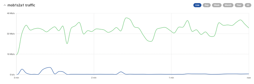 Screenshot aus der Routeroberfläche welcher den Trafficverlauf live anzeigt mit derzeit ca. 40mbit/s im Upstream.