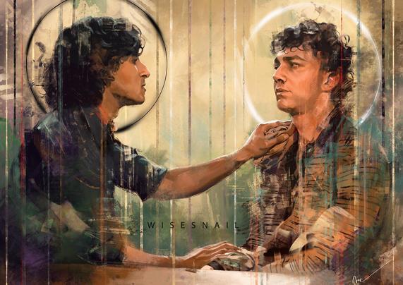 Portrait of Assad Zaman and Luke Brandon Field as Armand (on the left) and Daniel (on the right). They're facing each other, sitting at a table. Armand has a hand on Daniel's shoulder, and the other one on his arm. Armand Daniel is bleeding from his nose, and he looks upset.
A black halo surrounds Armand's head, and a white one is behind Daniel's.