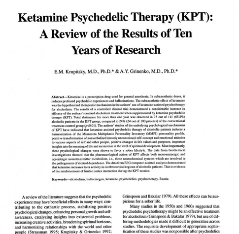 Ketamine Psychedelic Therapy: Review of the Results of Ten Years of Research (Krupitsky & Grinenko, 1997)