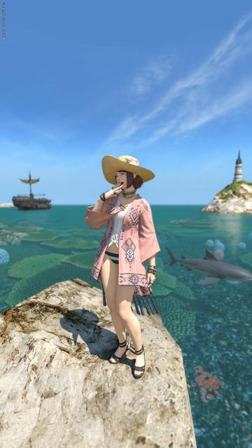 Esi blushes with a hand to her mouth. Behind her, there is a boat on her left side and a light house on the right. There is also a shark swimming right below the rocks where she is standing.