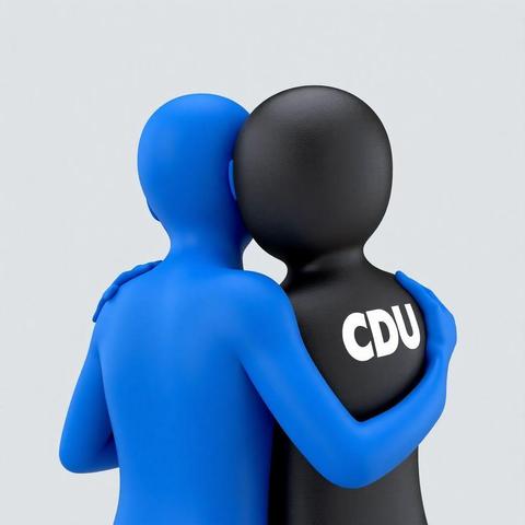 AI-generiert: von hinten sieht mensch zwei Figuren: eine blaue Figur legt den Arm um eine schwarze Figur, auf deren Rücken CDU steht. Die Köpfe lehnen aneinander.