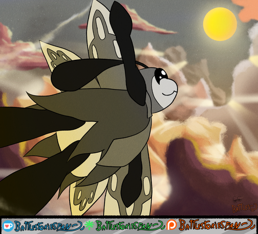 Digital Illustration of commissioner's character Bumble the Ribombee, flying across the skies and through a sea of golden clouds towards the sun. He has a happy, carefree smile on his face.