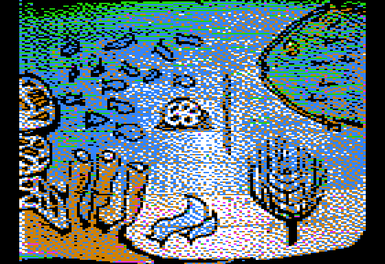 A "tohgr" conversion of a photograph of a drawn underwater scene to Apple II HGR using Atkinson dithering.