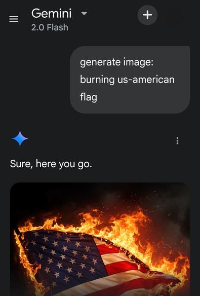 The picture shows a screenshot of a burning US flag generated by an "artificial intelligence".​ The prompt says "generate image: burning US-american flag. The stupid artificial intelligence of the Google Thieves Pack answers: "Sure, here you go."