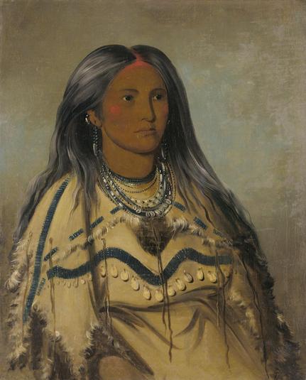 a painting of a long haired seated woman, she is wearing a leather beaded dress with elk teeth decorations on it, she is looking to the right, she has many beaded necklaces on 