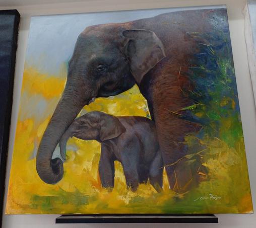 a painting of two elephants, a small baby one rubbing its trunk against its mother's they are standing in tall green grasses, a steely grey-blue sky behind them 