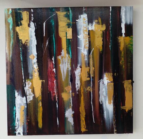 an abstract painting, there are streaks of white, gold dark red and dark green and black on canvas, coming down vertically 