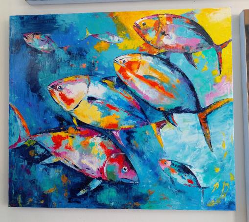 a modern impressionist painting of fish swimming, oranges and yellows and reds reflecting off their silver-blue bodies, the background blue tones with gold accents 