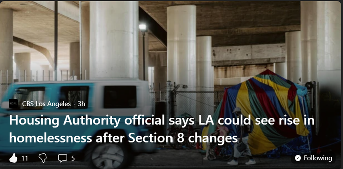Article screenshot: CBS Los Angeles

Housing Authority official says LA could see rise in homelessness after Section 8 changes

Story by Marissa Wenzke
