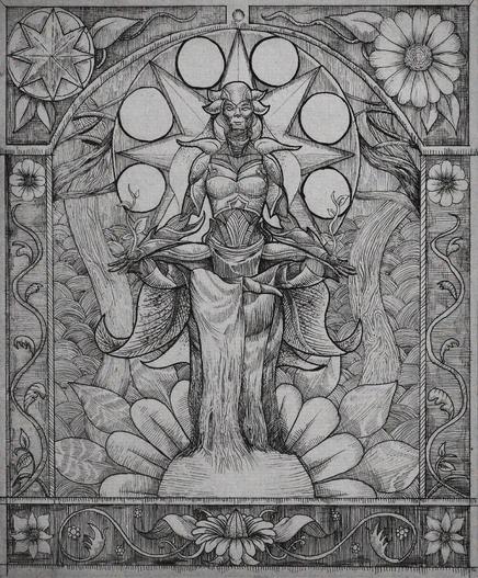 The Earth Mother, a fairy-like deity meditating while her cloth infused with a flower beneath her. Both of her hands holds sprouts. Floral imagery is everywhere in this piece.