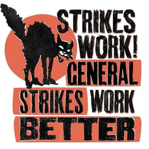 Text:
STRIKES 
WORK !
GENERAL 
STRIKES WORK
BETTER 

Image 
🐈‍⬛ direct action black cat aka #Sabocat/#Sabotabby 
graphic by @fairiedance 


