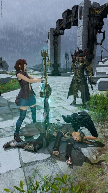 Dark Knight Esi stands over Kafumi's body, who is lying on the ground, motionless as they are being impaled by Esi's sword. Behind them, Runa looks onto the scene without any emotion on his face.
