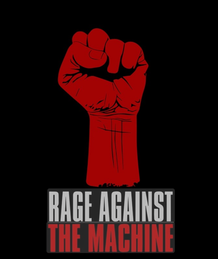 A digital graphic design features a red clenched fist raised in the air against a black background. Below the fist, the words "RAGE AGAINST THE MACHINE" is written in bold, uppercase letters. The design conveys themes of protest, resistance and rebellion.