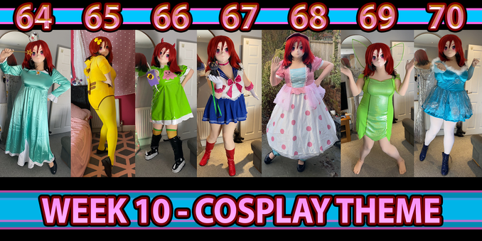 Kara Kig in 7 different daily outfits losely based on cosplaying, from day 64 to 70. They are from left to Right - Rosalina, Pikachu, Star Butterfly, Sailor Moon, Bo Beep, Tinkerbell and Elsa.