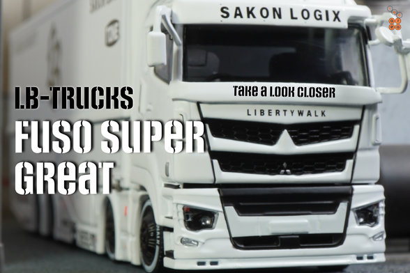 A close-up shot of Mitsubishi Fuso Super Great, LB-Trucks by GCD in 1:64 scale on AREA 164