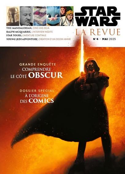 Couverture du magazine StarWars La Revue numéro 4.
L'image principale reprend l'imagerie consacrée à Dark Vador sur un fond orangé, il tient un sabre laser qui donne plus dans des tonalités jaunes/oranges.
À la gauche de Vador le texte :
* Grande enquête Comprendre le Côté Obscur
* Dossier spécial à l'origine des comics

En haut, à la gauche du titre, il y a cinq vignettes (The Mandalorian, Ralph McQuarrie, Star Tours, Nub et Luke Skywalker et Leia façon comics des années 1970), et en dessous le texte :
THE MANDALORIAN, cinq ans déjà
Ralph McQuarrie L'interview inédite
Star Tours L'aventure continue
Young Jedi Adventure Création d'un Dessin Animé