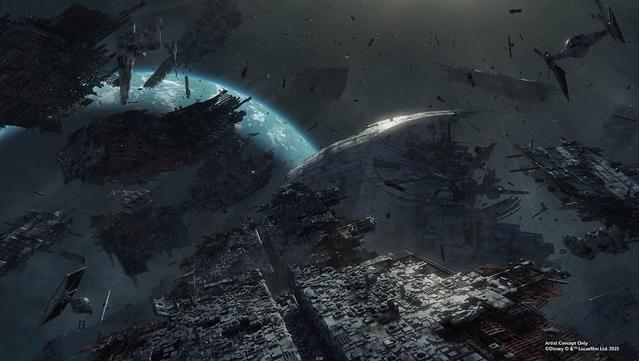 Rendu d'un champ de débris dans l'espace à proximité d'une planète. On peut supposer qu'il s'agit de la Death Star près d' #Endor