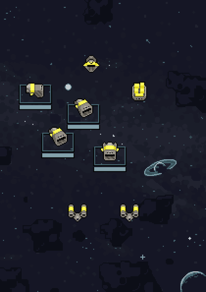 Space realtime strategy mockup. There are four units: a close-range fighter with two massive plasma cannons mounted on top of the fuselage, a long range fighter that is pretty much just a big laser gun, a cargo ship that looks like one you’d find in the ocean, and a construction ship that is triangular with a large work dock. Their player color is yellow, and the long ranger fighters are selected. The background is space with a few asteroids mixed in.