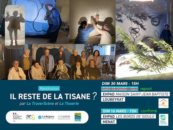 Photos des artistes Julien Daillère et Céline Camilleri avec les résidents de deux ehpad : des plantes en rétroprojection, des ombres portées sur le mur, des personnes âgées devant la tente où dormait Julien...