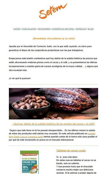 Pantallazo del último boletín de la tienda online de Comercio Justo de SETEM