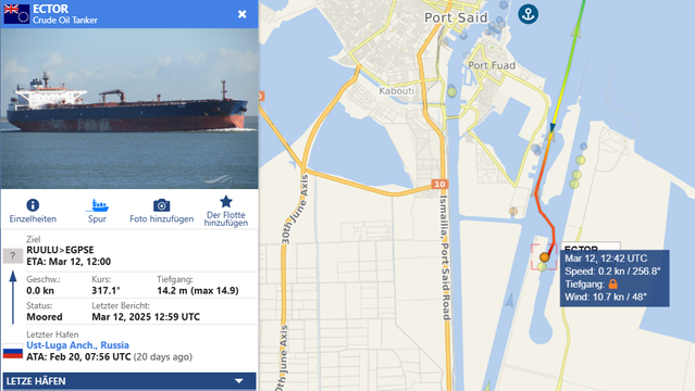 Tracking der ECTOR zeigt, dass sie gegen 12:45 UTC im Hafen von Port Said festgemacht hat.