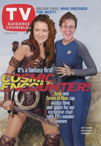This is an edit of a TV Guide Cover of the issue discussed in this week's episode of TV Guidance Counselor. Erin Judge is Xena and Jenny Chalikian is Seven of Nine