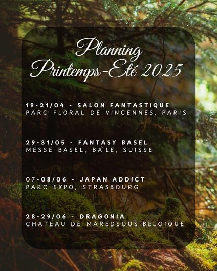 Schedule of next events with dates, event title and location. 