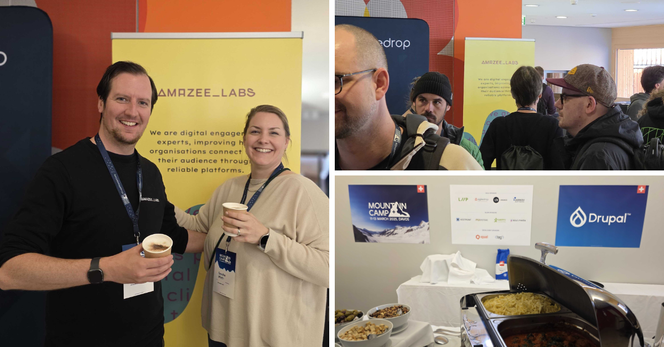 Collage: 2 attendees holding a coffee, a group of people, and the lunch table.