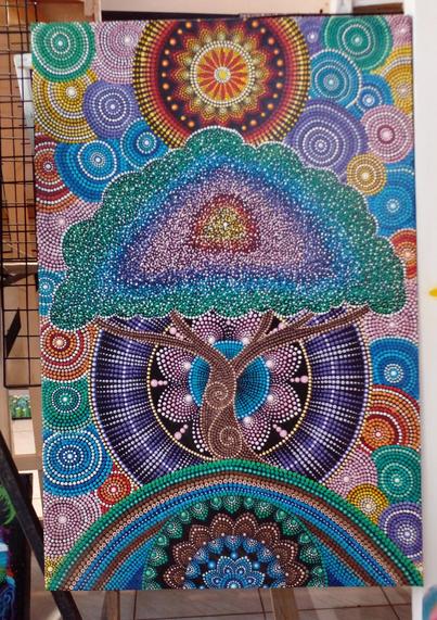a psychedelic scene, a tree on a green mandala design, a purple and pink floral mandala behind it, the leaves of the tree becoming a triangle of colors blending together, a sun mandala above, the sky filled with wheels of different colors 